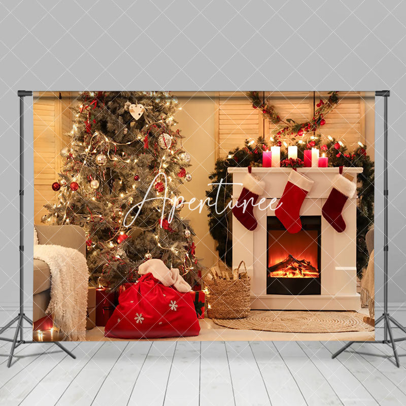 Aperturee - Aperturee Cozy Light Candle Fireplace Tree Christmas Backdrop