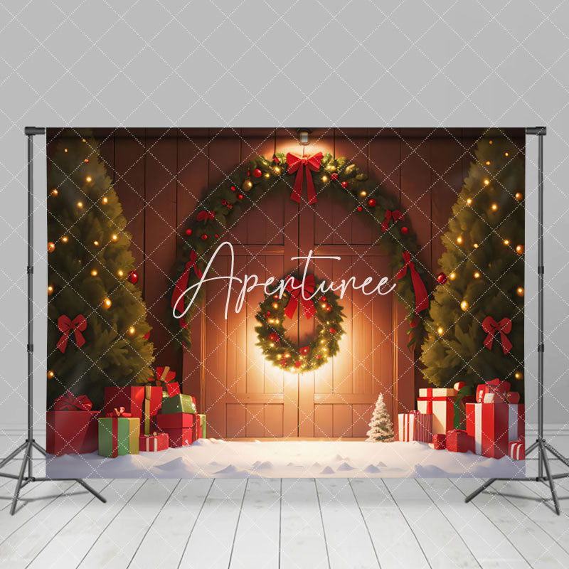 Aperturee - Aperturee Cozy Light Snow Wood Barn Wreath Christmas Backdrop