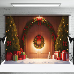 Aperturee - Aperturee Cozy Light Snow Wood Barn Wreath Christmas Backdrop