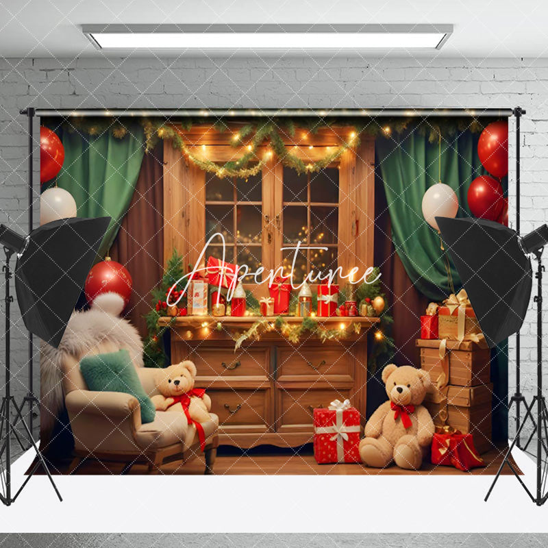 Aperturee - Aperturee Cozy Room Bears Xmas Tree Festive Christmas Backdrop