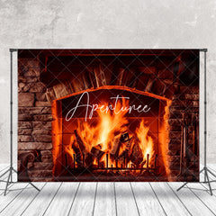 Aperturee - Aperturee Cozy Stone Fireplace Glowing Flames Christmas Backdrop