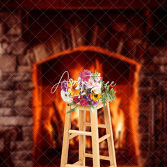 Aperturee - Aperturee Cozy Stone Fireplace Glowing Flames Christmas Backdrop