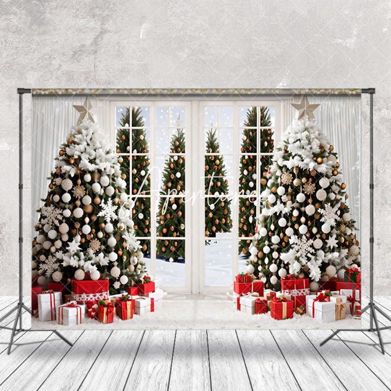 Aperturee - Aperturee Cozy White Room Window Snow Christmas Tree Backdrop