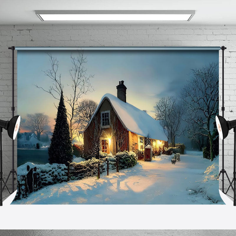 Aperturee - Aperturee Cozy Winter Cabin Sunset Dusk Misty Forest Backdrop