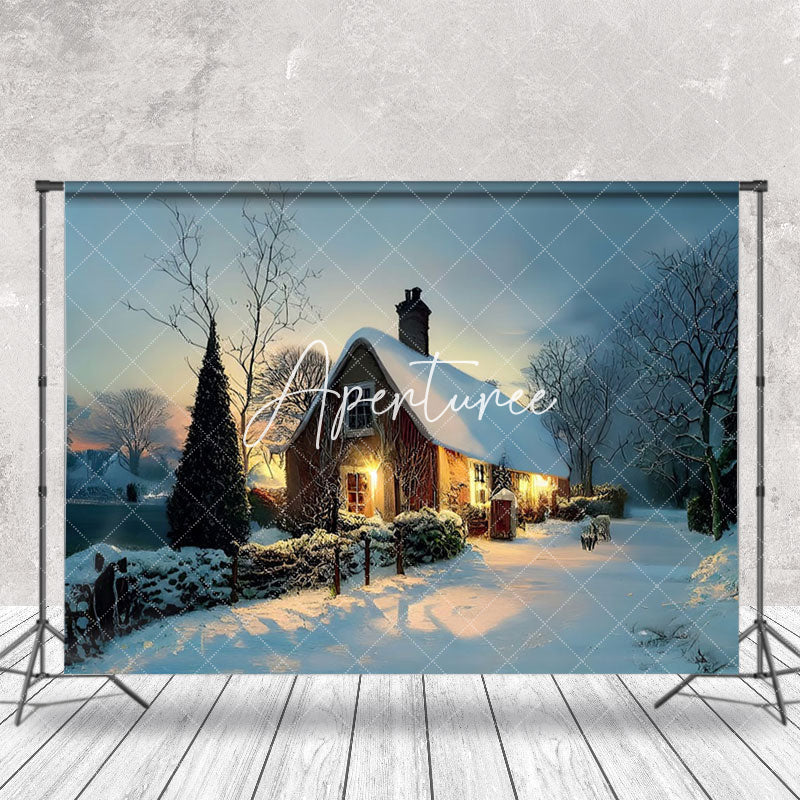 Aperturee - Aperturee Cozy Winter Cabin Sunset Dusk Misty Forest Backdrop