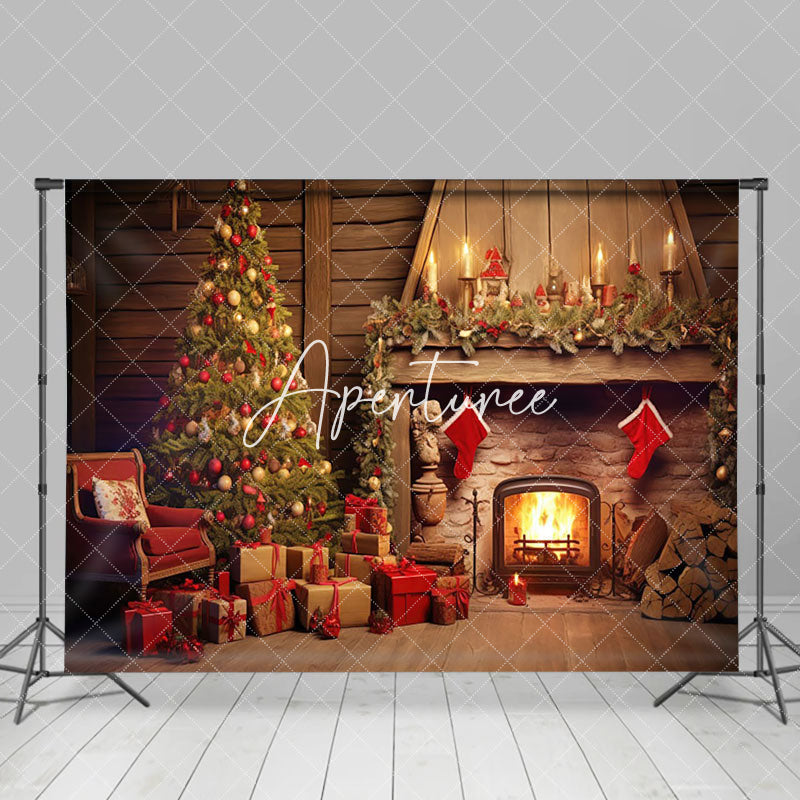 Aperturee - Aperturee Cozy Xtmas Scene Gifts Stockings Fireplace Backdrop