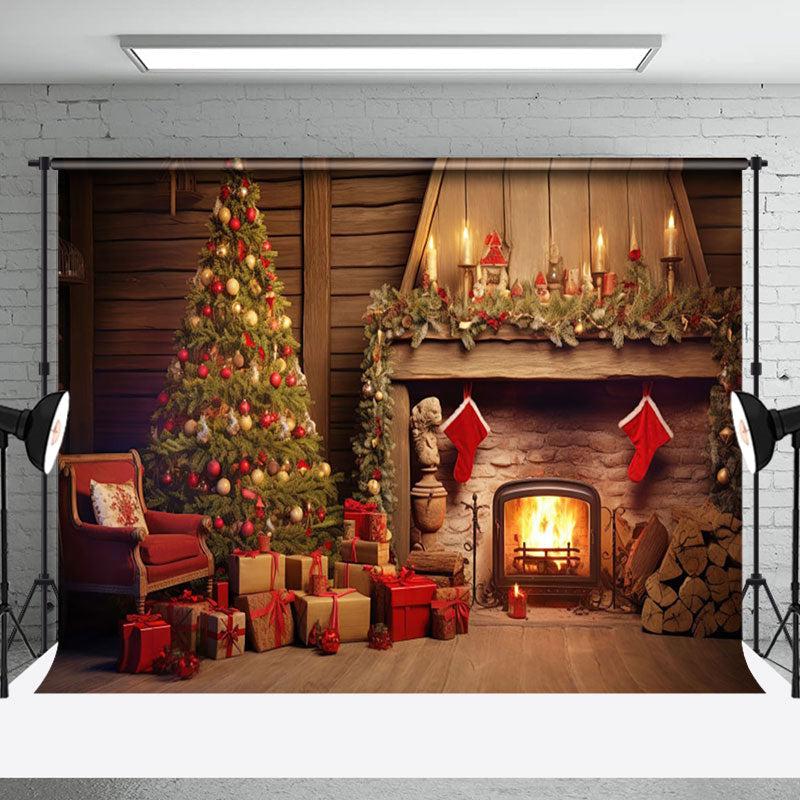 Aperturee - Aperturee Cozy Xtmas Scene Gifts Stockings Fireplace Backdrop