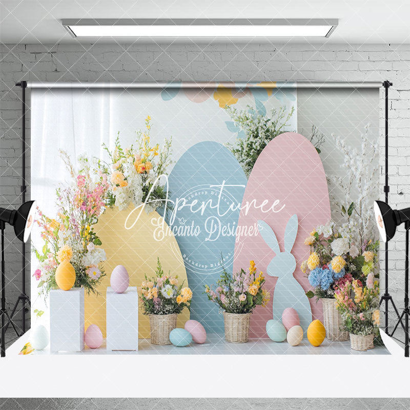 Aperturee - Aperturee Curtain Colorful Eggs Bunny Floral Easter Backdrop