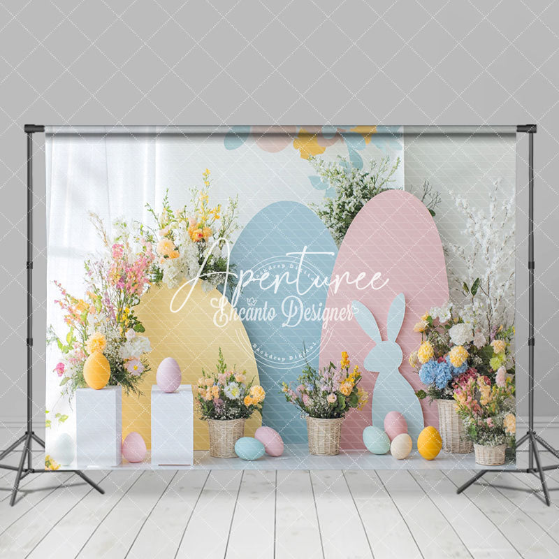 Aperturee - Aperturee Curtain Colorful Eggs Bunny Floral Easter Backdrop