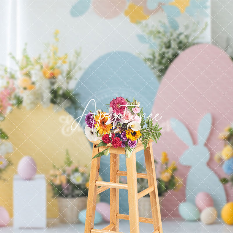 Aperturee - Aperturee Curtain Colorful Eggs Bunny Floral Easter Backdrop