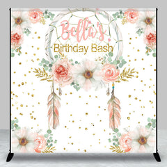 Aperturee - Aperturee Custom Feather Floral Gold Glitter Birthday Backdrop