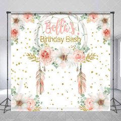 Aperturee - Aperturee Custom Feather Floral Gold Glitter Birthday Backdrop