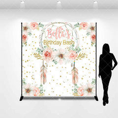 Aperturee - Aperturee Custom Feather Floral Gold Glitter Birthday Backdrop