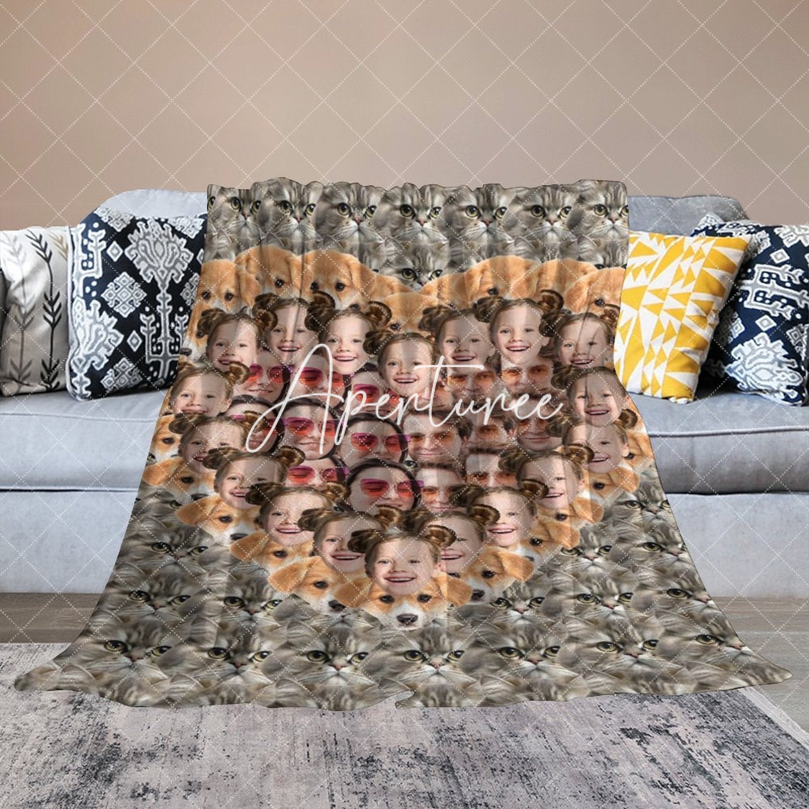 Aperturee - Aperturee Custom Funny Crazy Family Pet Face Heart Blanket