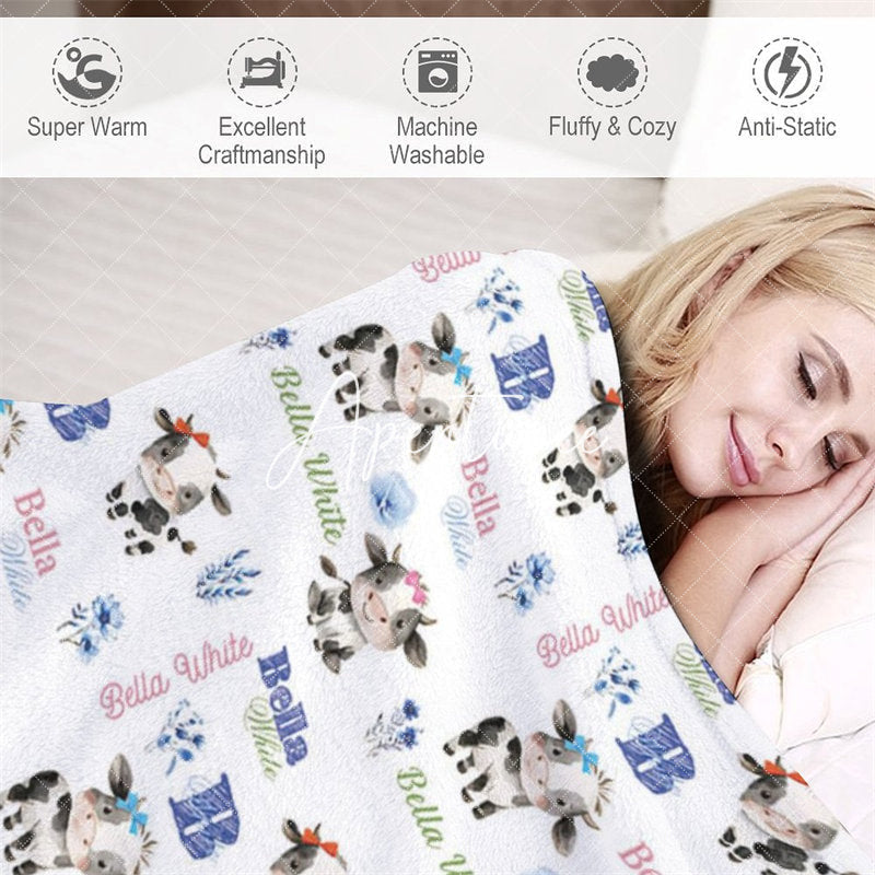 Aperturee - Aperturee Custom Name Cute Cow Name Blanket Kids Gift