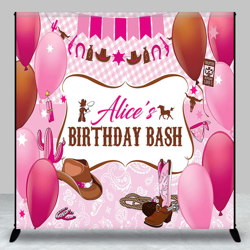 Aperturee - Aperturee Custom Name Pink Balloons Cowgirl Birthday Backdrop