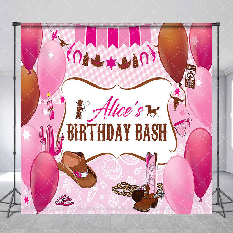 Aperturee - Aperturee Custom Name Pink Balloons Cowgirl Birthday Backdrop