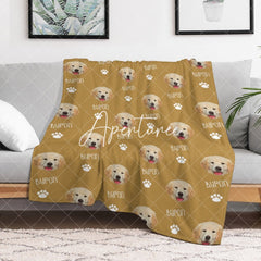 Aperturee - Aperturee Custom Pet Face Name Yellow White Paw Print Blanket