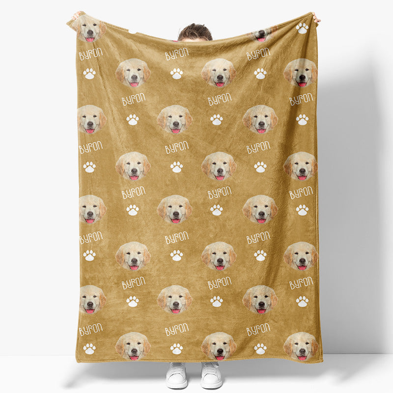 Aperturee - Aperturee Custom Pet Face Name Yellow White Paw Print Blanket