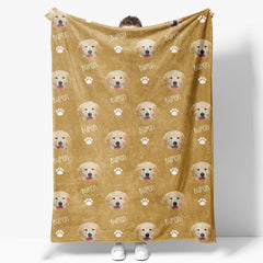 Aperturee - Aperturee Custom Pet Face Name Yellow White Paw Print Blanket