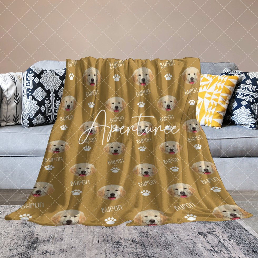 Aperturee - Aperturee Custom Pet Face Name Yellow White Paw Print Blanket