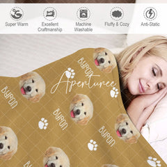 Aperturee - Aperturee Custom Pet Face Name Yellow White Paw Print Blanket