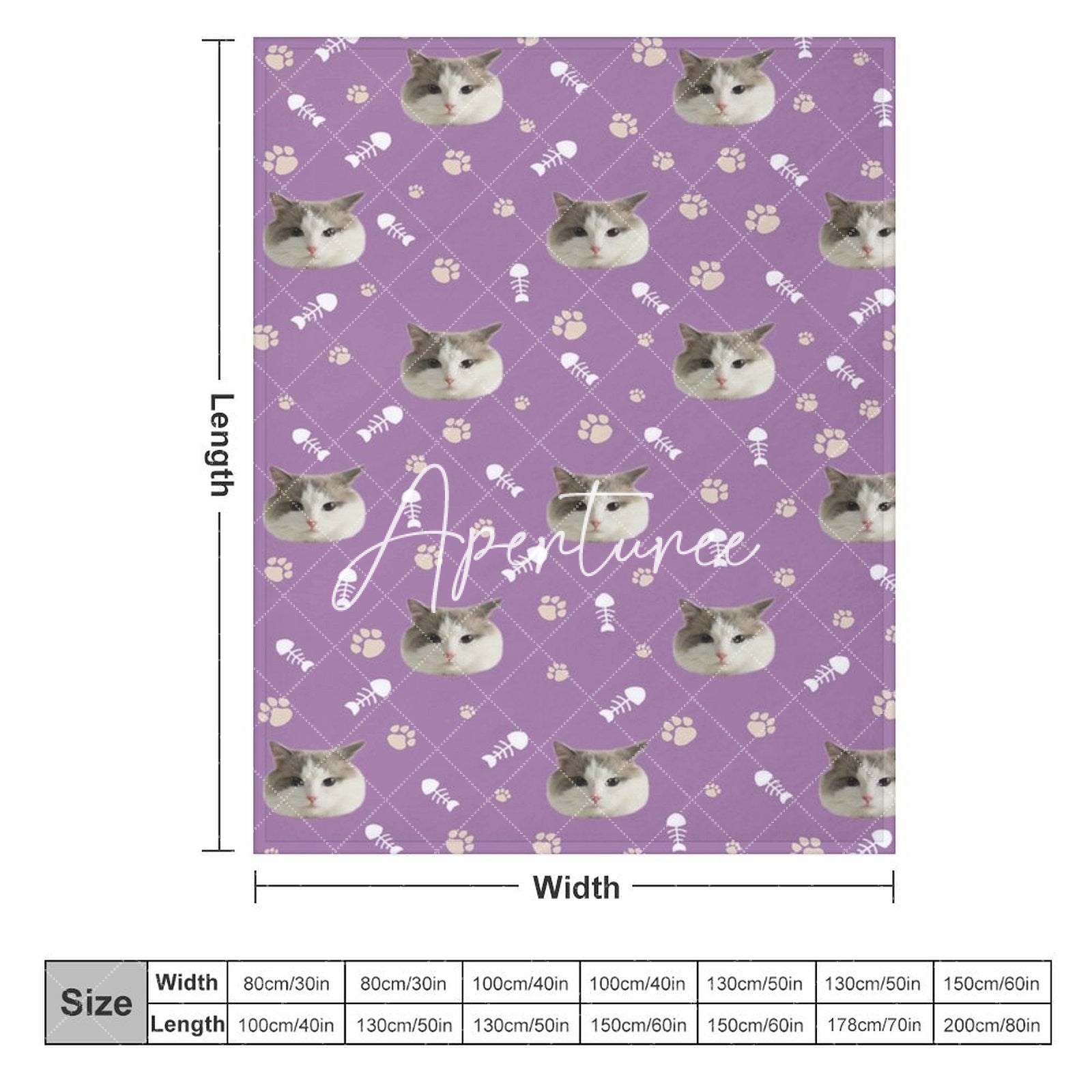 Aperturee - Aperturee Custom Pet Face Photo Paw Fish Print Purple Blanket