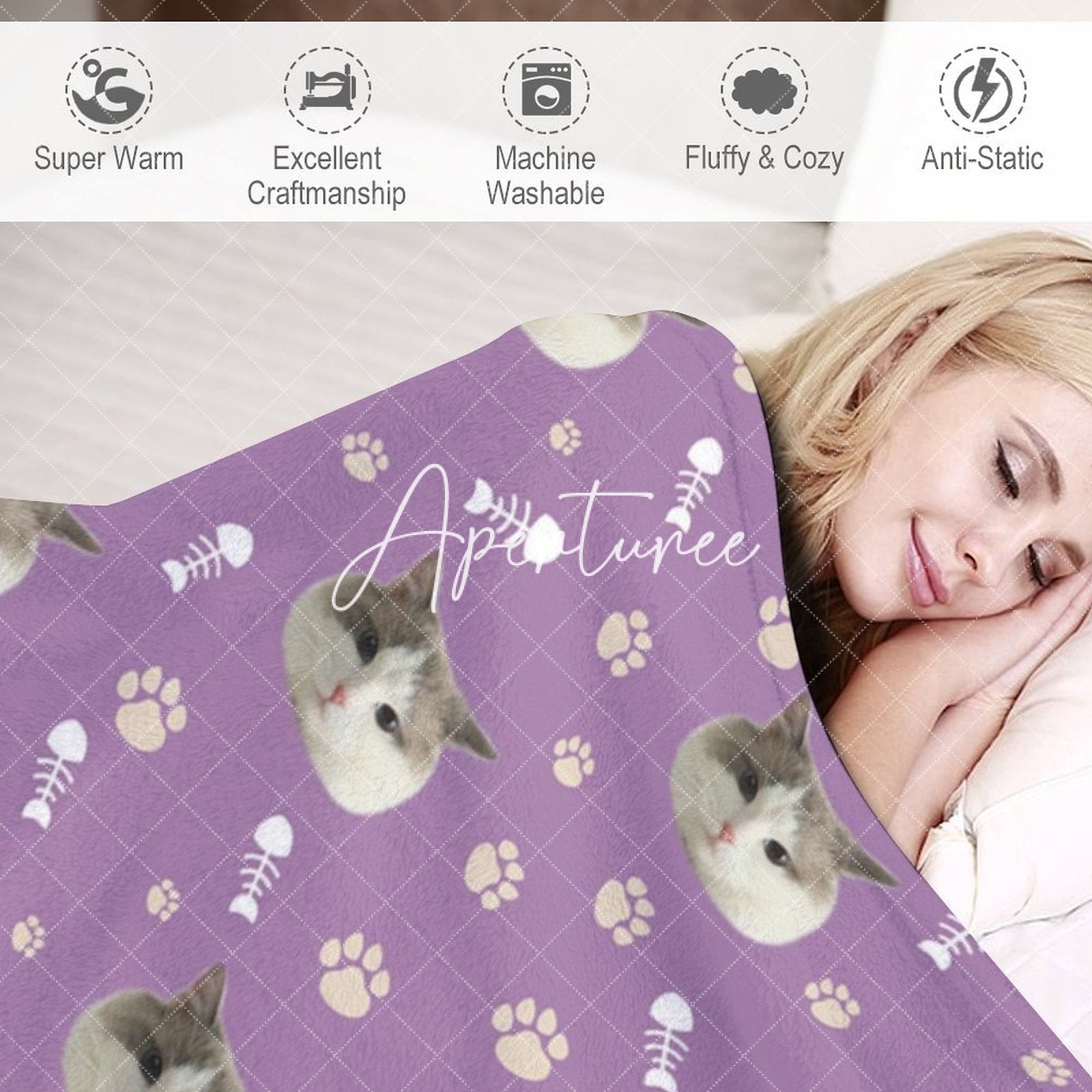 Aperturee - Aperturee Custom Pet Face Photo Paw Fish Print Purple Blanket