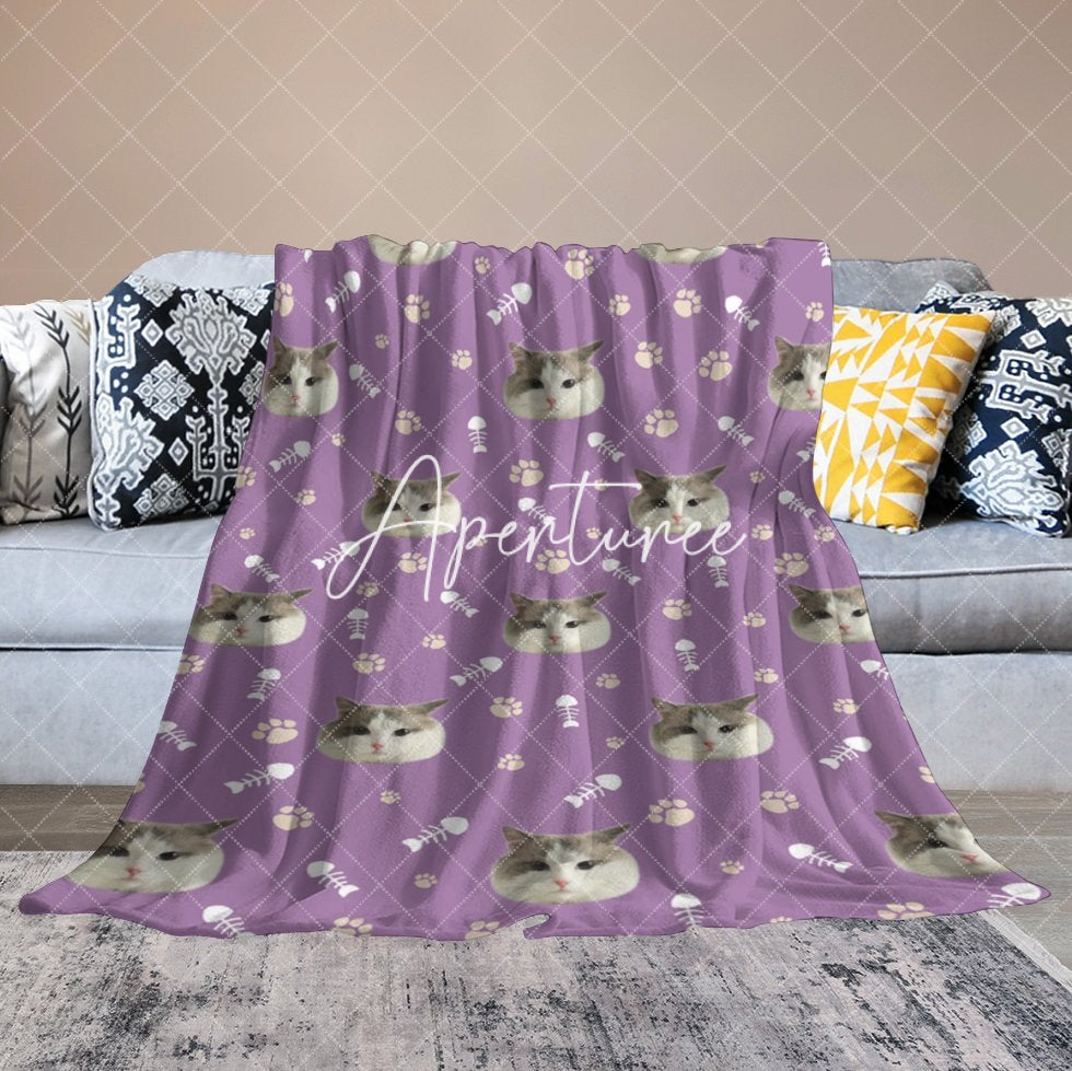 Aperturee - Aperturee Custom Pet Face Photo Paw Fish Print Purple Blanket