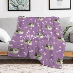 Aperturee - Aperturee Custom Pet Face Photo Paw Fish Print Purple Blanket