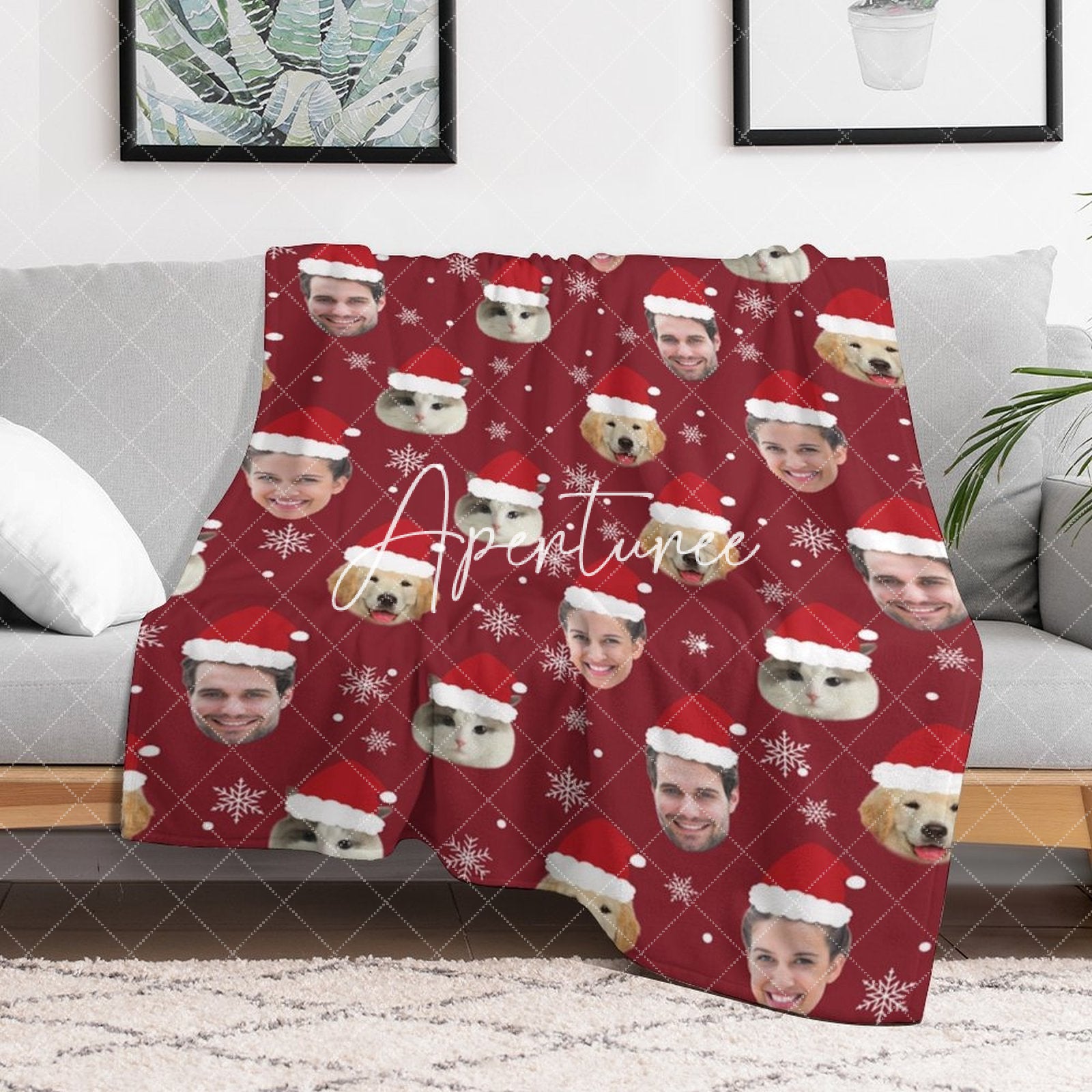 Aperturee - Aperturee Custom Pet Face Photo Snowflake Red Christmas Blanket