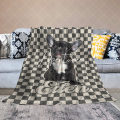 Aperturee - Aperturee Custom Pet Photo Name Grey And White Plaid Blanket