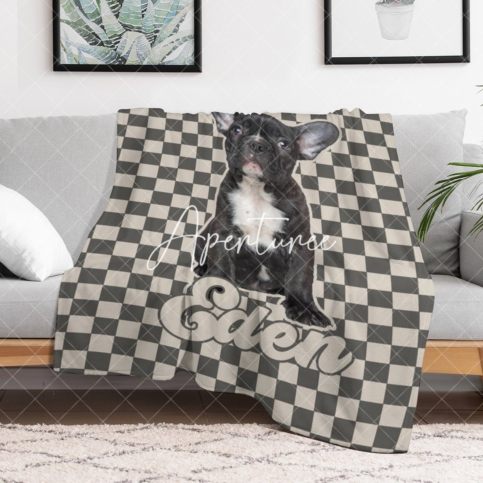 Aperturee - Aperturee Custom Pet Photo Name Grey And White Plaid Blanket