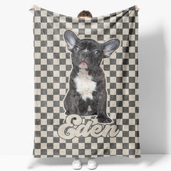 Aperturee - Aperturee Custom Pet Photo Name Grey And White Plaid Blanket