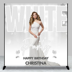 Aperturee - Aperturee Custom Photo Name Bokeh White Birthday Party Backdrop