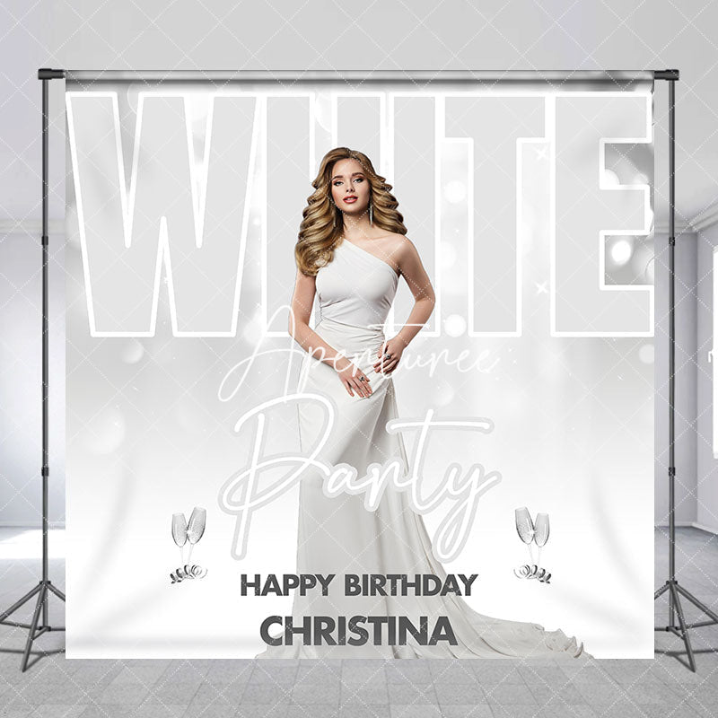 Aperturee - Aperturee Custom Photo Name Bokeh White Birthday Party Backdrop