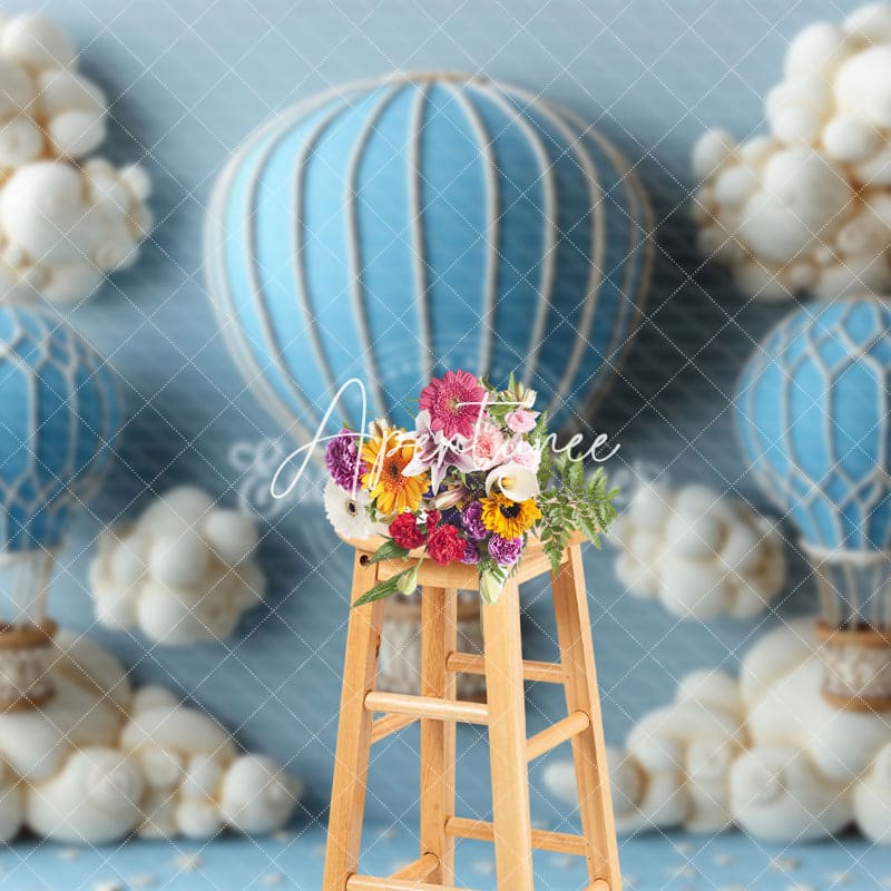 Aperturee - Aperturee Cute Blue Hot Air Balloon Cake Smash Backdrop