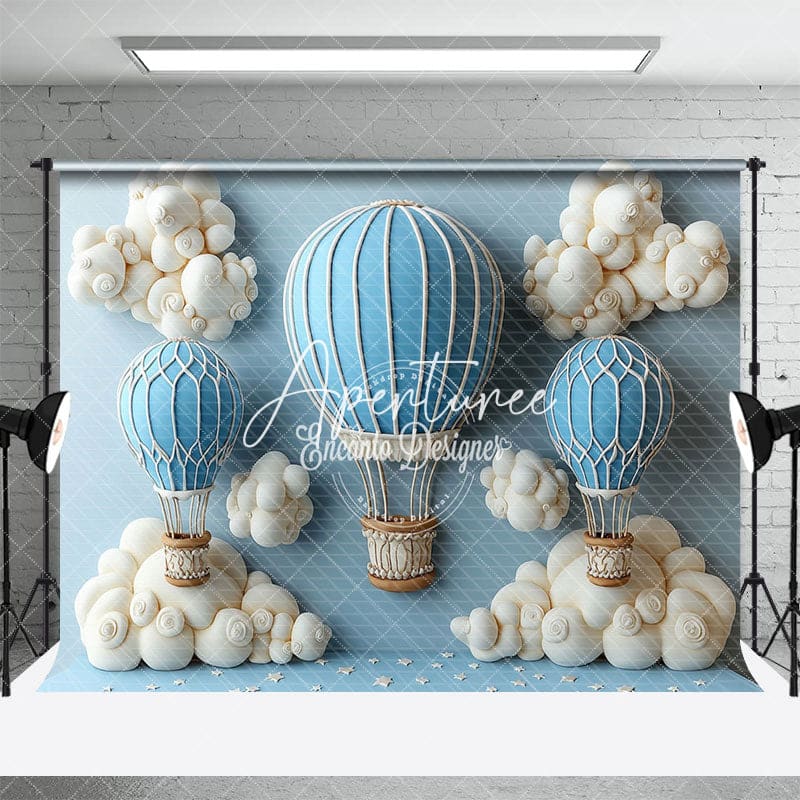 Aperturee - Aperturee Cute Blue Hot Air Balloon Cake Smash Backdrop