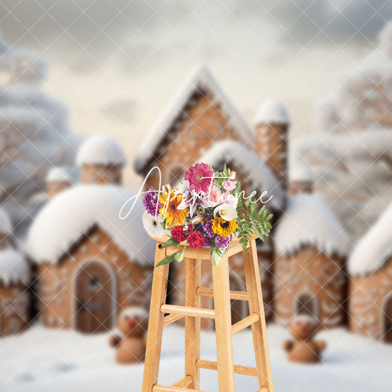 Aperturee - Aperturee Cute Brown House Snowy Forest Christmas Backdrop