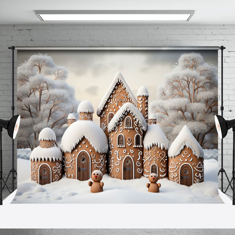 Aperturee - Aperturee Cute Brown House Snowy Forest Christmas Backdrop