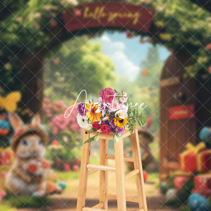 Aperturee - Aperturee Cute Bunny Spring Floral Garden Gate Easter Backdrop