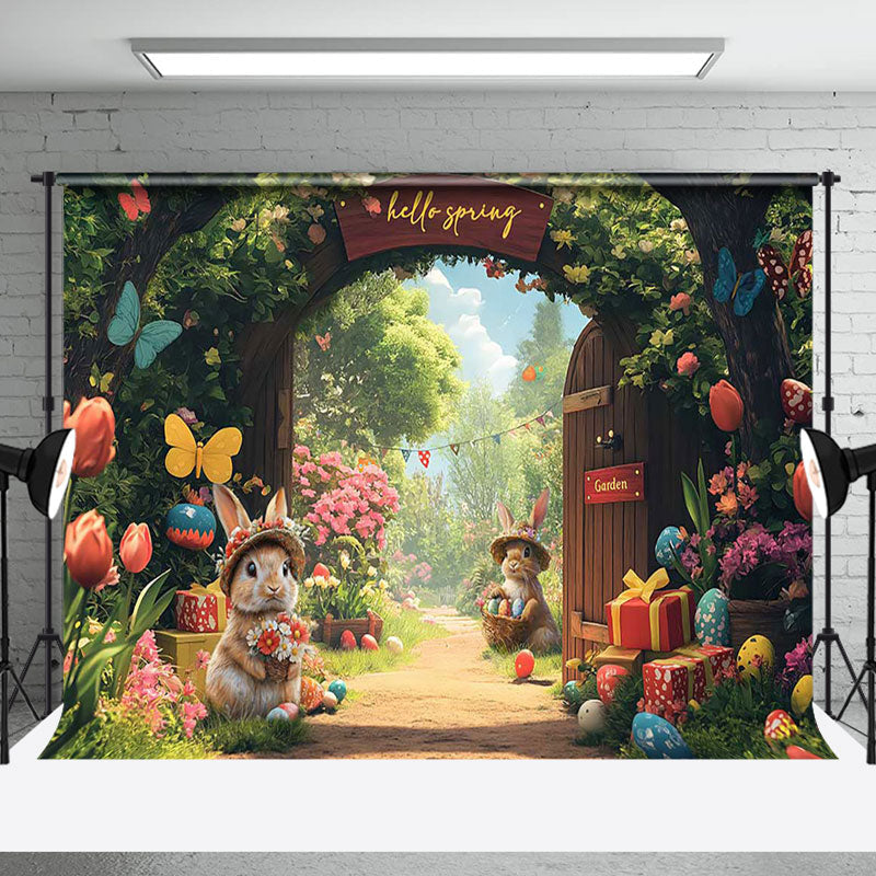 Aperturee - Aperturee Cute Bunny Spring Floral Garden Gate Easter Backdrop