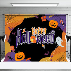 Aperturee - Aperturee Cute Candy Pumpkin Orange Black Halloween Backdrop