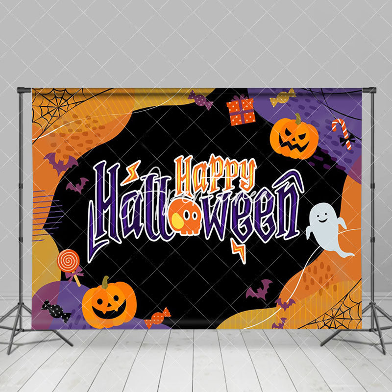 Aperturee - Aperturee Cute Candy Pumpkin Orange Black Halloween Backdrop