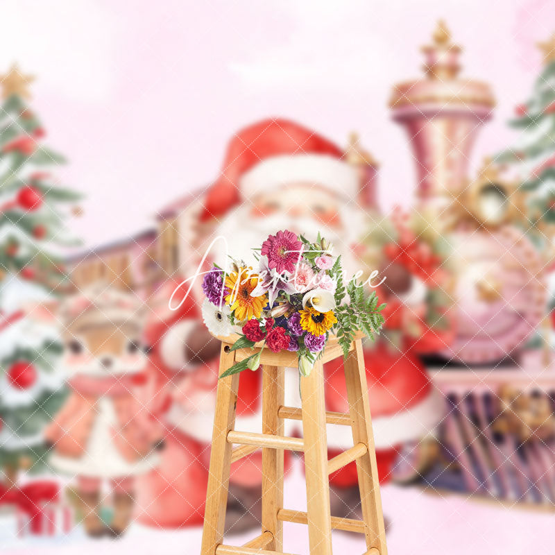 Aperturee - Aperturee Cute Deer Santa Claus Train Pink Christmas Backdrop