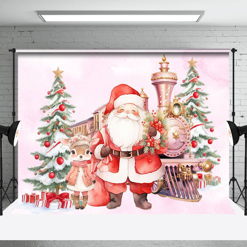 Aperturee - Aperturee Cute Deer Santa Claus Train Pink Christmas Backdrop