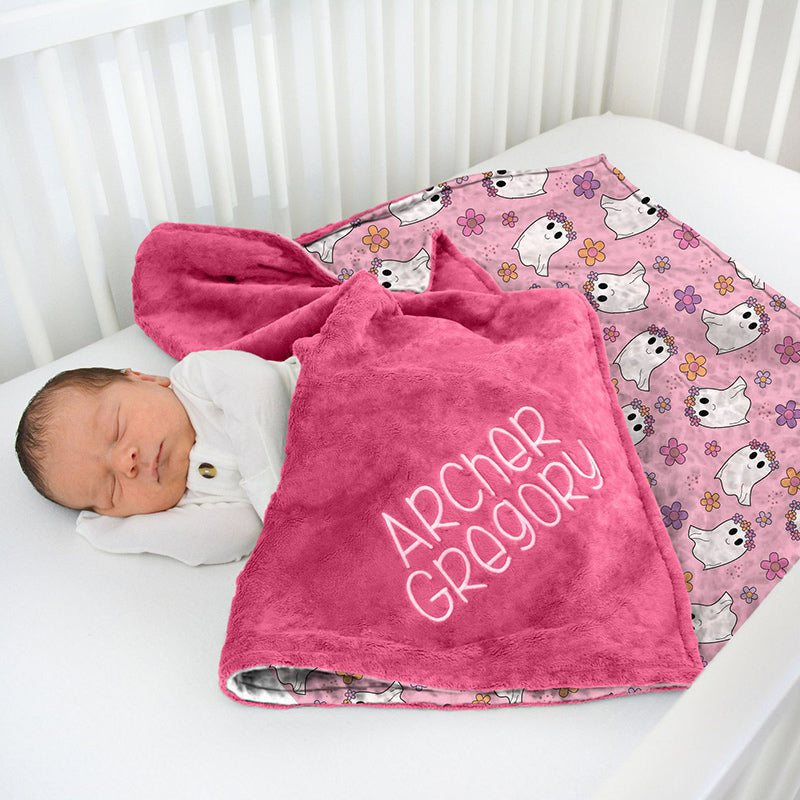 Aperturee - Aperturee Cute Floral Boo Pink Minky Baby Blanket For Girls