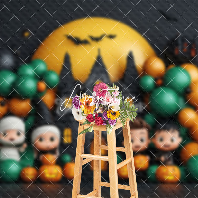 Aperturee - Aperturee Cute Ghost Balloons Castle Moon Halloween Backdrop