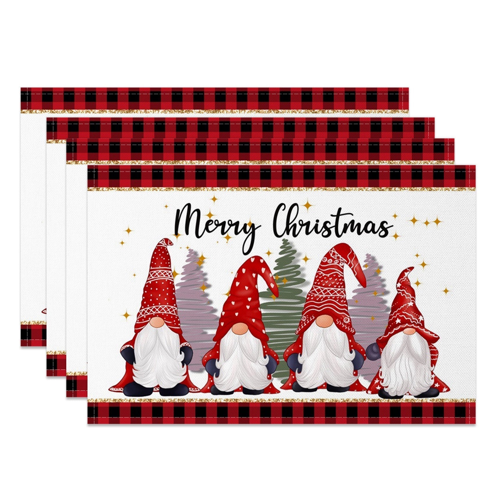 Aperturee - Aperturee Cute Gnome Trees Plaid Christmas Set Of 4 Placemats