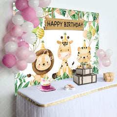 Aperturee - Aperturee Cute Jungle Animals Monstera Happy Birthday Backdrop